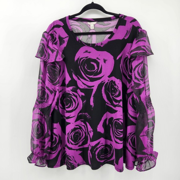Cato Rose Print Blouse Top Black Purple Sheer Sleeve Plus Size 22/24W - Picture 1 of 7
